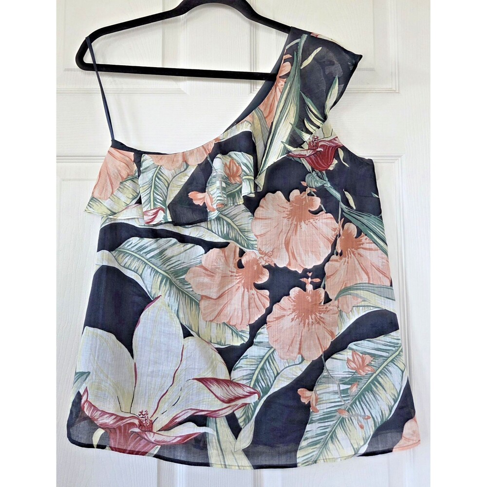 ANN TAYLOR Women's Black Floral One Shoulder Ruffle Top Ramie Blend Size S NWT